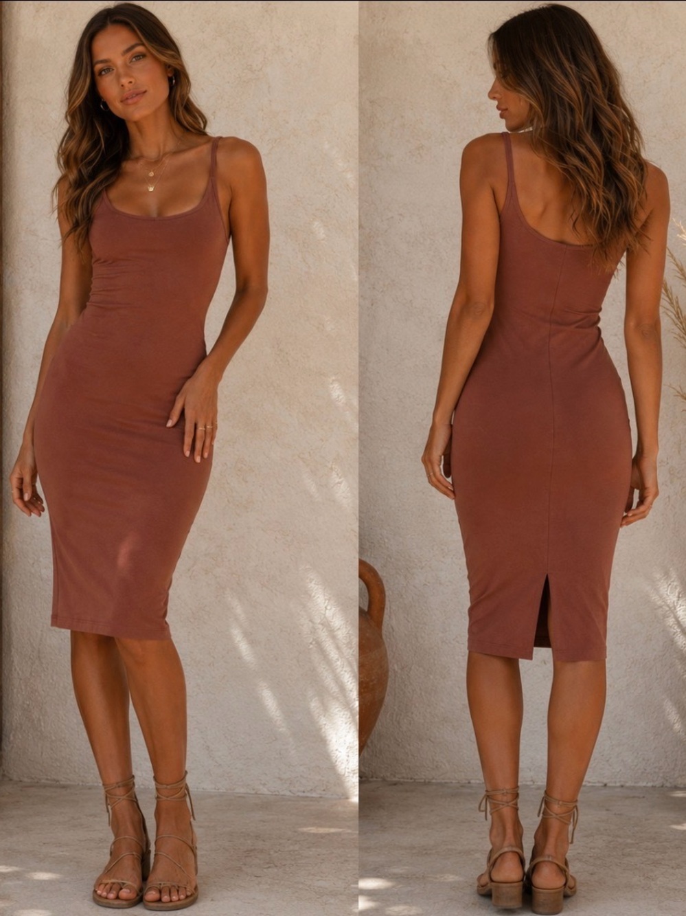 Forever 21 Caramel-Brown Scoop Neck Midi Bodycon Tank Dress